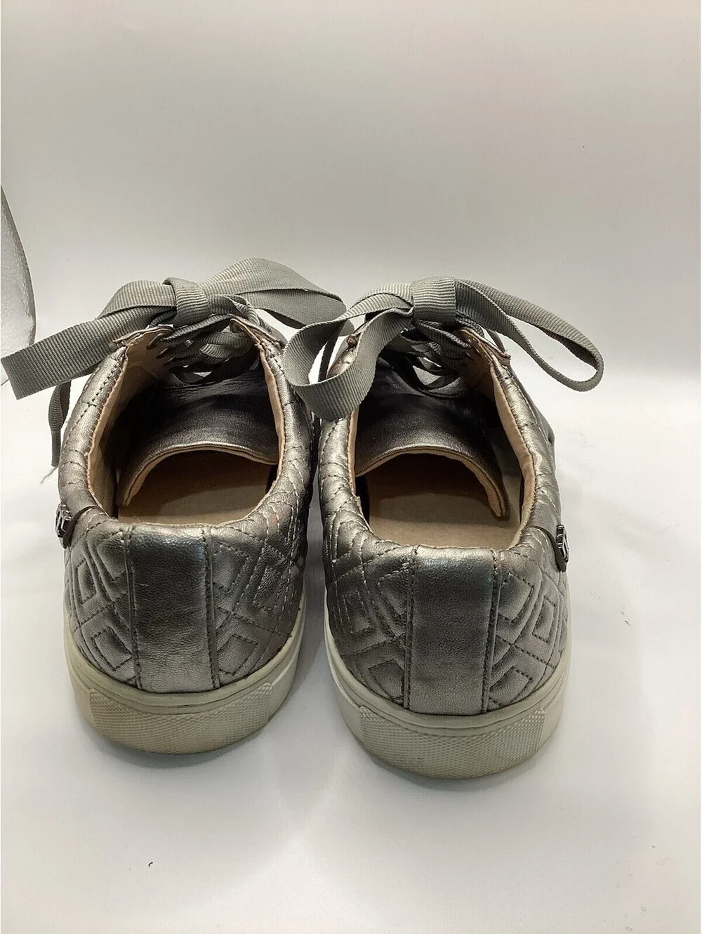 Tory Burch Gold Quilted Leather Low Top Lace-Up Sneakers w/ Logo Accent Size 7.5